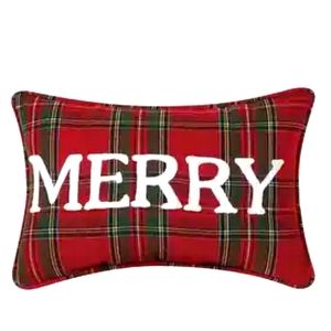 Holiday Pillow Red Plaid Tartan  Accent 8" x 12" Embroidered Merry 100% Cotton